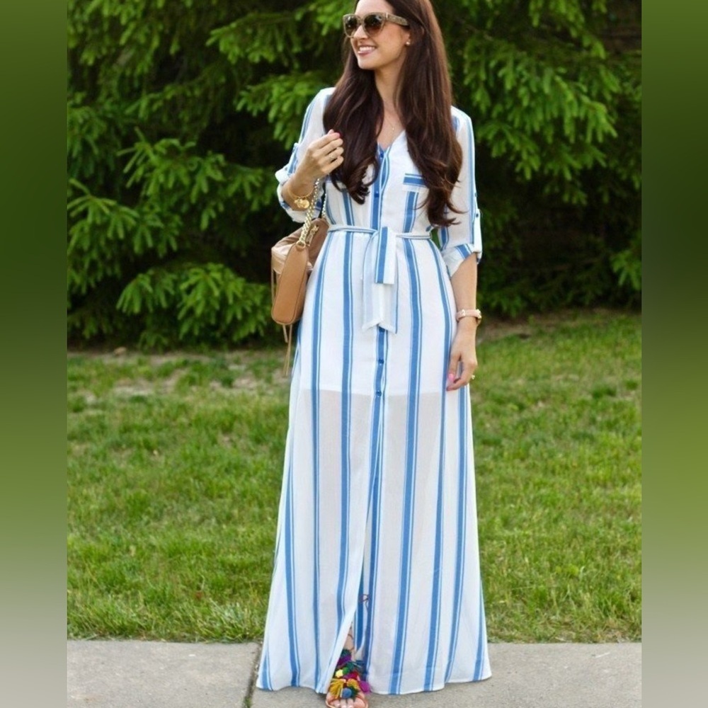 NWT Express Blue White Striped Maxi Dress Belted Resort Summer Vacation Lg